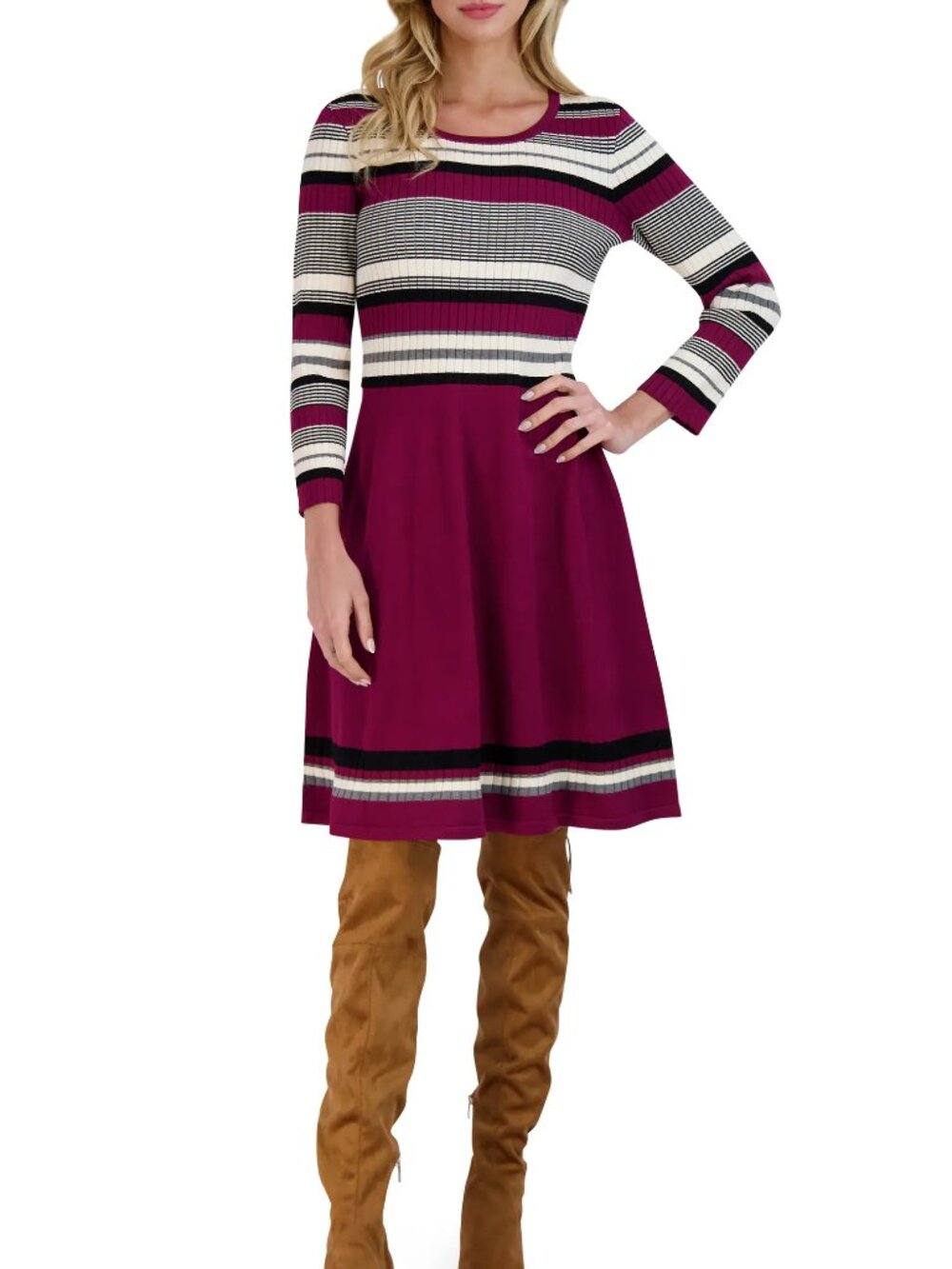Sandra Darren Stiped Fit & Flare Sweater Dress Wine/Black/Cream - XL - BRAND NEW